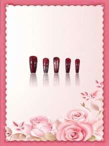 24片装扎染深红色神秘花卉条纹芭蕾造型可重复使用时尚假指甲，适合女士和女孩，非常适合音乐节、情人节、新年礼物、派对使用。附赠1个指甲锉和1瓶凝胶指甲胶，可按压指甲，美甲用品 - 彩色 - 查看 3