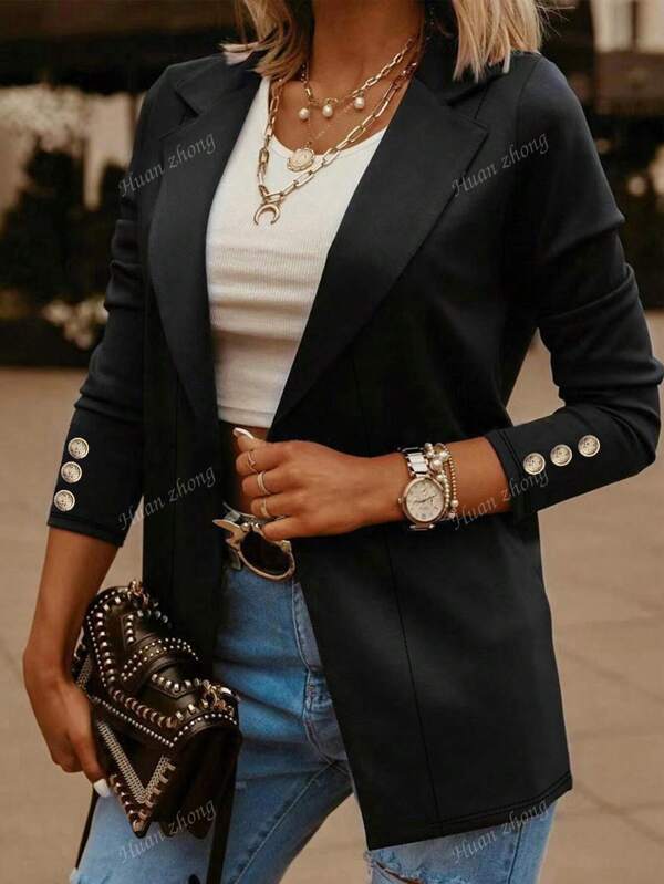 Plus Size Women Chic Collared Long Sleeve Jacket For Work, Spring/Autumn