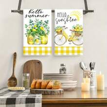 2pcs Buffalo Plaid Lemon Pattern Kitchen Towels, 16x24 Inch Polyester Decorative Hand Towels, Seasonal Home Decor For Spring & Summer, Absorbent Fingertip Towels For Bathroom And Kitchen