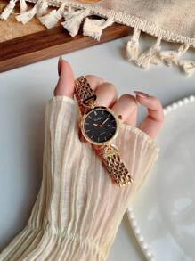 1 件女士金色手表，时尚复古女士手表，女士时尚简约百搭奢华不锈钢石英表 - 均碼 - 查看 9