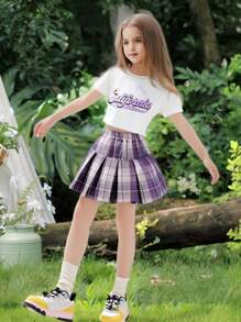 2pcs/Set Young Girl Outdoor Casual Everyday Comfortable Short Sleeve T-Shirt + Skirt Set, Spring/Summer English Letter Tee + Purple Plaid Skirt