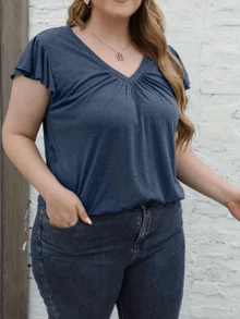 Blusa fluida de mujer de talla grande con cuello en V, cintura plisada y mangas plisadas - Azul - Ver 5