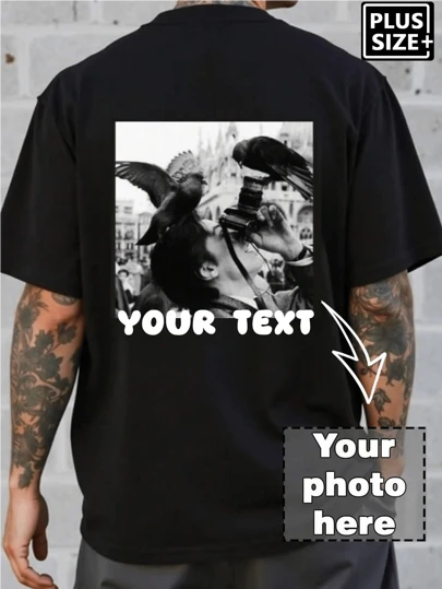 Plus Size Customized Text/Photo Men's Black T-Shirt, Input Your Photo/Text, Holiday Gift, Valentine's Day/Birthday/Anniversary Custom Text, Team Building, Music Festival, Gift For Him, Party,Suitable All Seasons