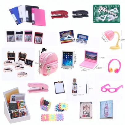 娃娃屋迷你逼真学习用品系列，包括微型书籍、杂志、文件夹、背包、DIY 微型学习场景玩具、微型计算机计算器、BID 娃娃装饰、迷你学习和绘画道具