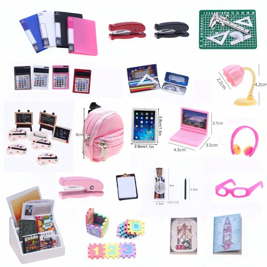 娃娃屋迷你逼真学习用品系列，包括微型书籍、杂志、文件夹、背包、DIY 微型学习场景玩具、微型计算机计算器、BID 娃娃装饰、迷你学习和绘画道具 - 彩色 - 查看 1