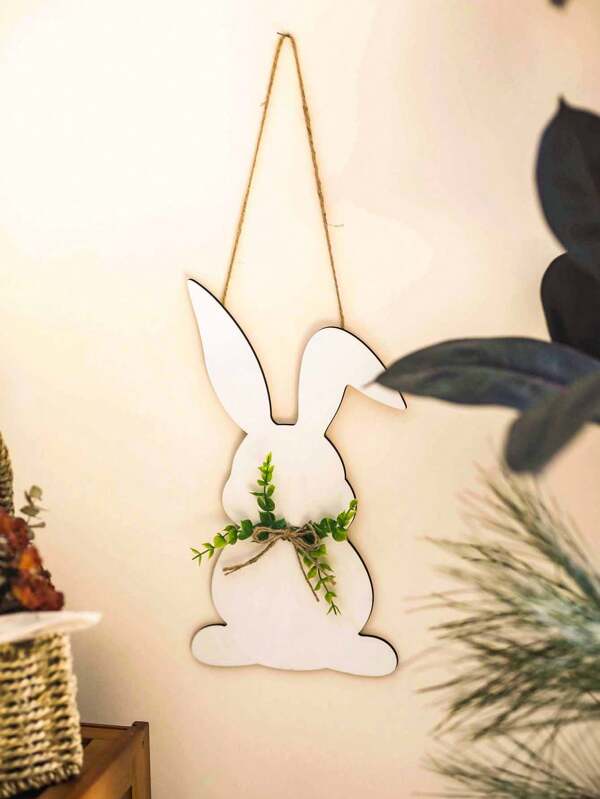 1 pezzo Decorazione vintage per appendere alla porta, coniglio di Pasqua in legno bianco con foglie verdi, accessorio per appendere, senza alimentazione elettrica richiesta