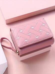 Furlong Lach 1 pieza Cartera corta de mujer con bordado en forma de corazón, cierre de cremallera versátil y sencillo, monedero con gran capacidad, cartera de mujer de tres pliegues con portador de tarjetas, mini cartera, cartera pequeña para mujer