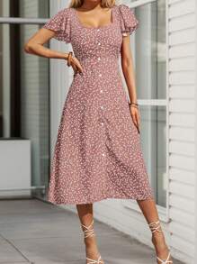 tooluck Chic Ditsy A-Line Midi Dress, Button Front Design Short Sleeves Hem Split, Woman Clothes - Baby Pink - View 3