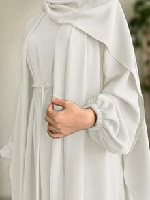 Women's Middle Eastern Style Solid Color Comfortable Casual Cardigan Jacket, Vest And Dress 2-Piece Set With Belt - No Headscarf, Autumn/Winter