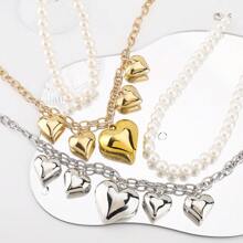 2 件优雅多层珍珠和流苏心形吊坠项链，适合女性日常、派对和宴会佩戴 - 心 - 查看 6