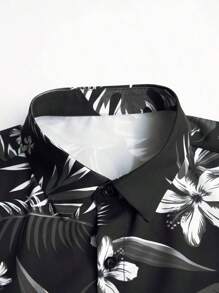 Men Summer Shirt Shorts Two Piece Set Tropical Printed Shirt Drawstring Shorts - Black - View 3