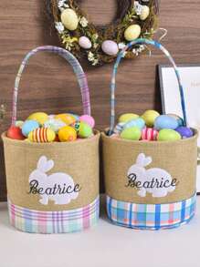 Customized Embroidered Easter Basket, Custom Rabbit Basket, Kids' Easter Basket, Baby Girl And Boy Basket, Easter Activity Egg Basket, Easter Gift, Egg Basket, Easter Basket Decor Eggs, Rabbit Storage Basket Handbag, Can Be Customized With Baby Name And Blessing