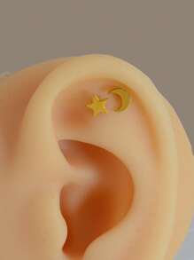 2Pcs/Set Simple Piercing Stud Earrings Stainlesss Steel Mini Small Moon Star Asymmetric Earring For Women Cartilage Helix Tragus Conch Flat Rook Snug Ear Piercing Jewelry - A Set Of Asymmetrical Ball Star and Moon Earrings - View 5