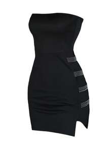 Women Sexy Strapless Mini Tube Dress Side Slit Cut Out Rhinestone Bodycon Pencil Short Dress Club Party Bandeau Dress - Black - View 1