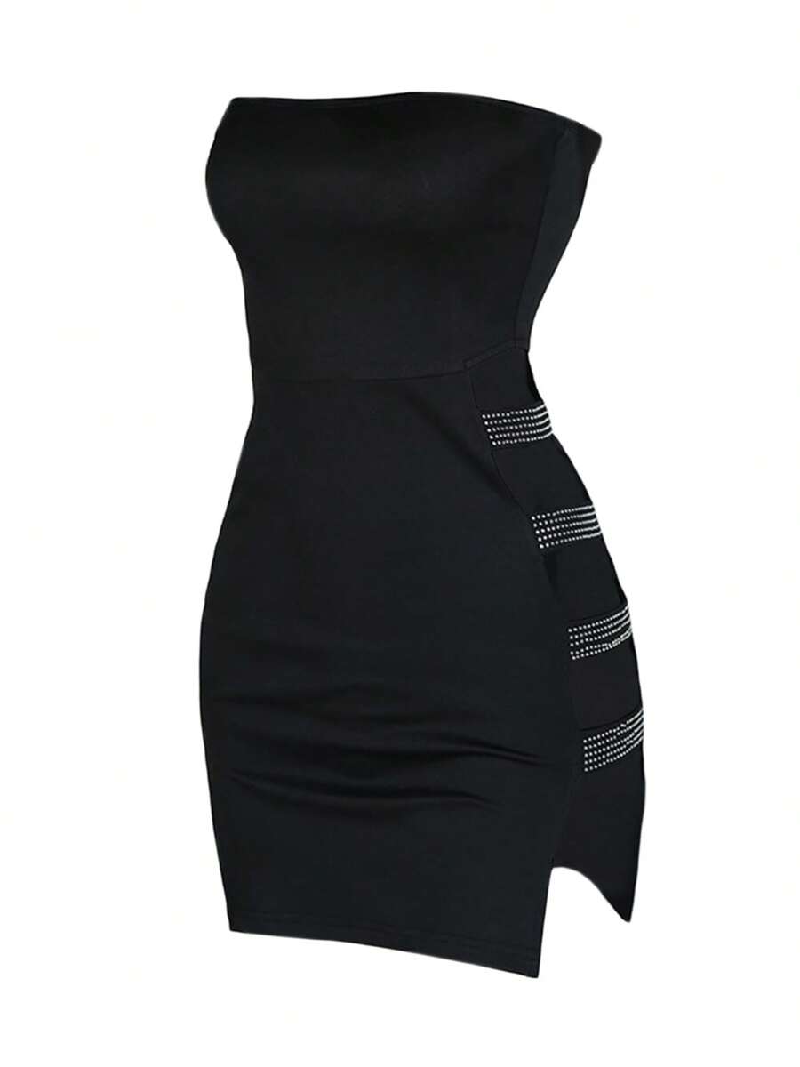 Women Sexy Strapless Mini Tube Dress Side Slit Cut Out Rhinestone Bodycon Pencil Short Dress Club Party Bandeau Dress - Black - View 1