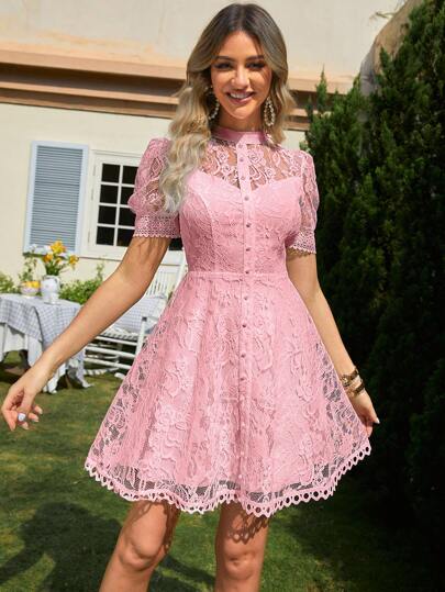Simplee Women's Summer Lace Puff Sleeve Single-Breasted Ruffle Trim Elegant Short Dress, Suitable For Wedding Guest, Party, Graduation, Birthday Pink