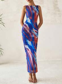 Women Elegant Floral Print Bodycon Mesh Maxi Dresses Summer Tie Dye Sleeveless Ruched Back Slit Long Dress Party Cocktail Wedding Guest Evening Night Out Formal Dress - 深藍色花 - 查看 7