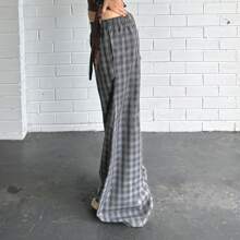 Women's Casual Y2K Plaid Pants Mid Rise Wide Leg Trousers Elastic Waist Baggy Loose Lounge Long Pants Streetwear For Daily - 灰色 - 查看 3