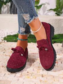 Women Elegant & Comfortable Loafers - Breathable Soft - Exquisite Suede Craftsmanship - Shiny Rhinestone Bow Decor - Classic Polka Dot Pattern - Round Toe/Low-Cut/Bowknot - Flat No Heel - Black Loafers Suitable For All Seasons - Casual Fashion Style - Fit For Daily Commute/Casual Gatherings/All Seasons - Black - High-Grade Velvet Material - Block Heel - Red - View 7