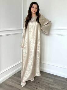 2025 Damska Błyszcząca Sukienka Abaya Z Długim Rękawem