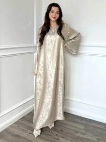 Vestido Abaya de manga comprida brilhante feminino 2025