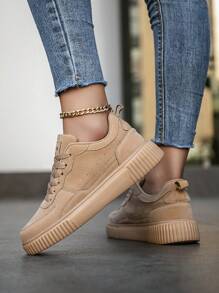 Women's Fashionable Retro Khaki Lace-Up Casual Sneakers, Lightweight Versatile Comfortable Non-Slip Flat Outdoor Walking & Skateboard Running Shoes