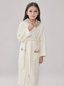 1 Stück Cartoon Bär Farbblock Korallenfleece Kinder Bademantel, weich & bequem, Kinder Bär Winter Nachtwäsche, dicker Kapuzen Lange Robe für Mädchen & Jungen