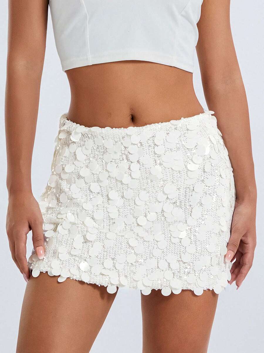 Women's Sparkle Sequin Skirt Glitter Mini Skirt Belly Dance Short Skirt Clubwear Festival Costume - White - View 1