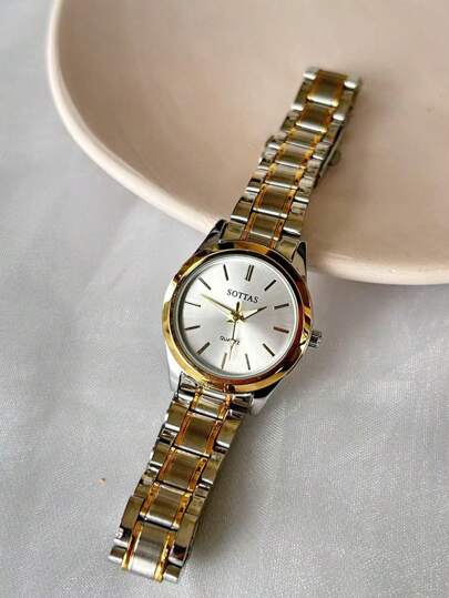 Sottas New Stylish Goud Watch, Minimalist Elegante Korean Versatile Steel Strap, Luxe Quartz Waterproof Wristwatch