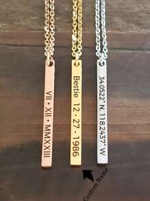 1 件定制雕刻垂直条项链 - 个性化位置坐标、日期、名称 - 高品质不锈钢 - 精致名称条情人节礼物
