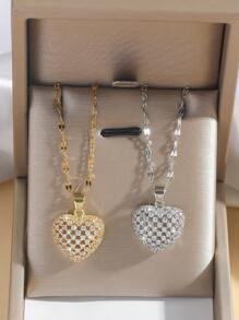 1 件铜方晶锆石心形吊坠项链，优雅奢华的欧式风格，适合送给朋友和家人的礼物 - 彩色 - 查看 1