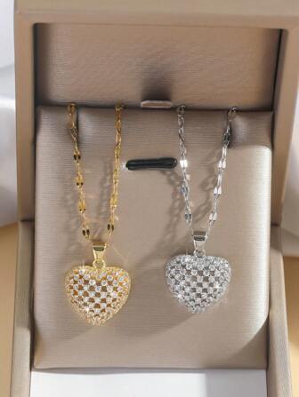 1 件铜方晶锆石心形吊坠项链，优雅奢华的欧式风格，适合送给朋友和家人的礼物