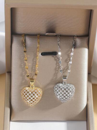 1 件铜方晶锆石心形吊坠项链，优雅奢华的欧式风格，适合送给朋友和家人的礼物