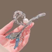 1 pieza Pinza de pelo de metal con estilo de cola de sirena color azul para mujeres, con perla y pinza de pelo, accesorio elegante para recogido
