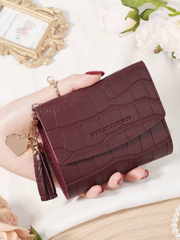 Geantă Burgundy Geantă roșie Charry Geantă roșie vin, posetă la modă Burgundy, portofel scurt pentru femei, design în trei ori, suport pentru carduri multiple, organizator card bancar, depozit pentru carduri de credit, buzunar pentru monede, fereastră foto, piele premium, farmec de dragoste, pandantiv cu ciucuri și model de piatră, geantă de călătorie și genți cadou ideale pentru iubită, mamă, uz zilnic, birou, cumpărături Rechizite pentru întoarcerea la școală, portofel indispensabil pentru femei și suport pentru carduri