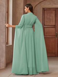女士 V 领贴花披肩优雅阿拉伯长裙，端庄的卡夫坦 - 薄荷綠 - 查看 3