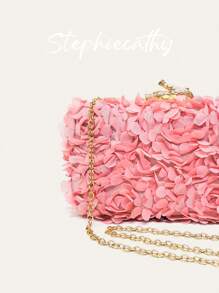 Bolso de mano de tela con aplicación floral de pétalos románticos y dulces, con marco metálico y cadena, elegante y fashionable para bodas, cenas, fiestas y citas, un regalo