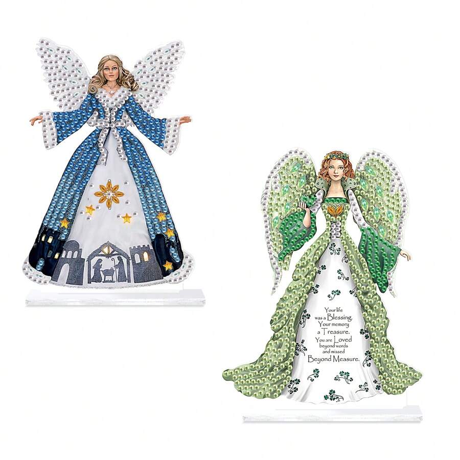 2 piezas Kit de ornamento de mesa con figuritas de pintura de diamantes - Exquisito ángel 5D DIY arte de diamantes acrílicos ornamento para decoración de hogar u oficina, ideal para relajación y expresión creativa con temas de genio azul y verde claro, fácil para principiantes