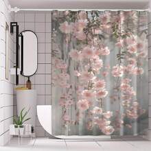 1 件花卉印花涤纶浴帘，防水数码印花带挂钩，可水洗编织面料，艺术设计，无需钻孔安装，装饰性浴室隔断 - 粉色花朵