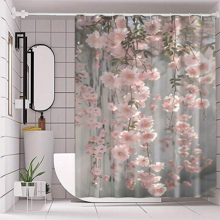 1 件花卉印花涤纶浴帘，防水数码印花带挂钩，可水洗编织面料，艺术设计，无需钻孔安装，装饰性浴室隔断 - 粉色花朵