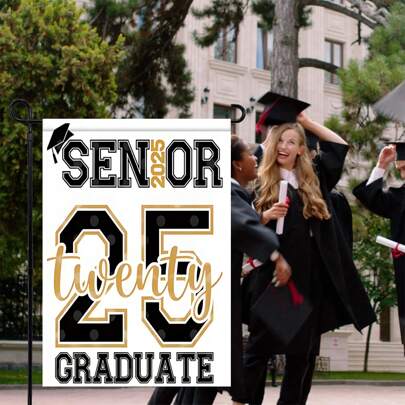2025 Graduation Happy Garden Flag, Polyester Material With Graduation Cap Pattern, Suitable For Outdoor Celebration Activities And Home Decor, No Power Needed, Graduation Party Decor, Back To School Decoration, Easter