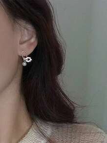 1 Pair Elegant Copper Alloy CZ Stone & Faux Pearl Heart Stud Earrings, Great Daily Wear & Anniversary Gift For Women