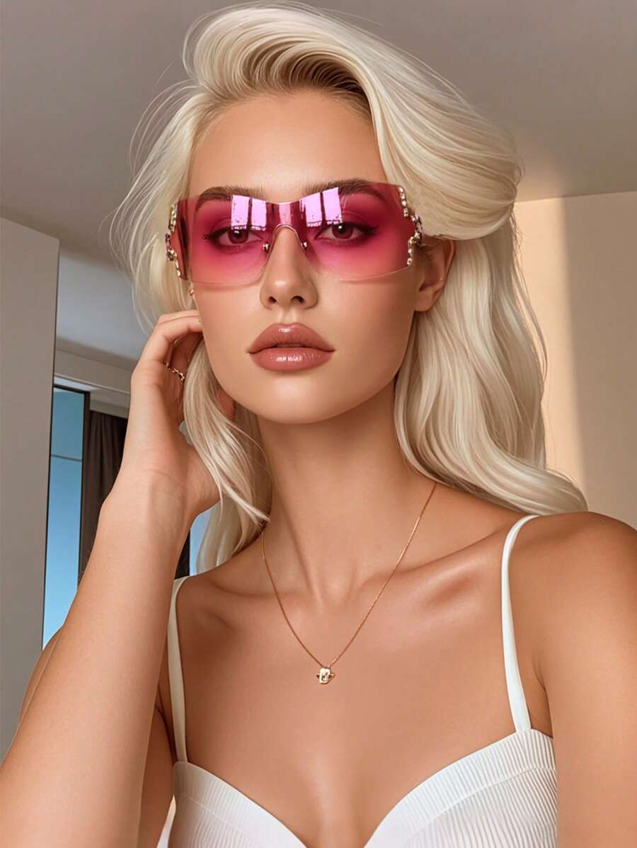 一体式 Y2K 心形装饰金属框架时尚眼镜，经典适合户外、旅行、海滩、休闲、日常穿着、夏季 - 粉色 - 查看 1