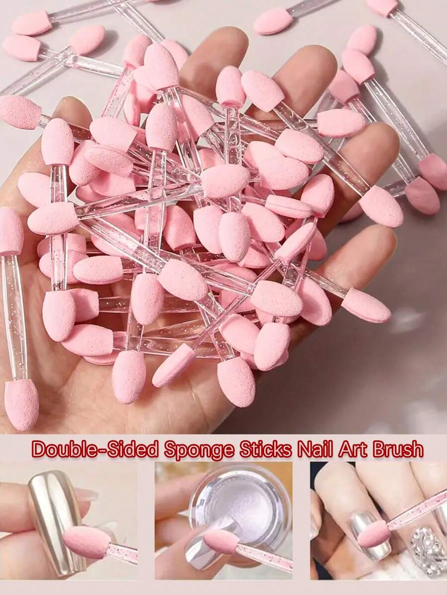 10/20/50Pcs Nail Art Brush Double Sided Chrome Pink Black Multifunctional Nail Brush Nail Powder Applicator Sponge Sticks Nail Supplies Equipment Coloring Tool - Multicolor - View 1