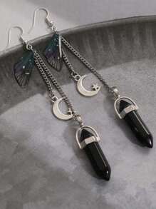 Boucles d'oreilles avec lune, étoile, cristal de quartz et ailes de papillon, style Y2K avec lune croissante et boucles d'oreilles étoilées pour femmes