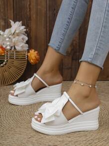Women's Thick Sole Slip-On Sandals With Bow Decor, Casual Beach Outdoor Wear Slippers