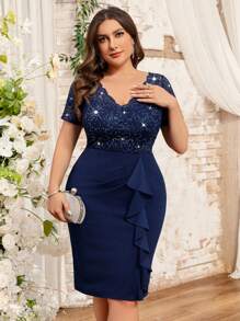 Plus V-Neck Sequin Lace Bodice Ruffle Hem Evening Party Bodycon Dress, Elegant Semi Formal Wedding Guest Dress, For Birthday, Graduation, Dinner Date - Navy Blue - View 3