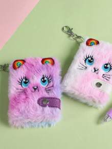 1pc Cartoon Kitten Plush Notebook, Cute Mini Portable Pocket Notepad, Furry Plush Diary For Girls, Children Writing Book, School Bag Pendant Gift , Back To School Gifts