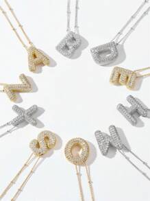 One Piece New Women's Stainless Steel Bubble Letter Necklace Shining Zirconia Rhinestone Letter 26 A-Z Exquisite Balloon Necklace