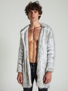 Men's Faux Fox Fur Coat Turn-Down Collar Long Winter Jacket